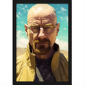 Quadro com estampa frontal de uma ilustração realista de um homem careca com óculos, expressão séria, usando jaqueta, contra céu azul com nuvens.
