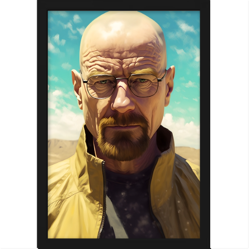 Quadro com estampa frontal de uma ilustração realista de um homem careca com óculos, expressão séria, usando jaqueta, contra céu azul com nuvens.