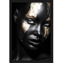 Quadro com estampa frontal de rosto feminino estilizado decorado com elementos dourados sob efeito de contraste marcante, destacando detalhes faciais.