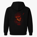 Moletom com estampa traseira de rosto sorridente e sombrio de palhaço com detalhes iluminados, conferindo um toque misterioso e intimidador à peça.