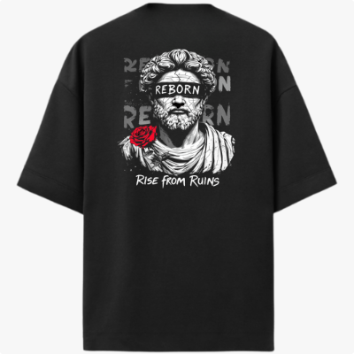 Camiseta com estampa frontal do texto "LUNOVA" entre linhas gráficas e estampa traseira de busto clássico com rosa vermelha e texto "REBORN" em destaque.