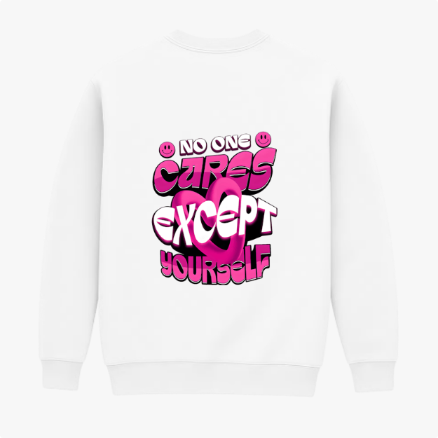 Moletom com estampa traseira de texto estilizado "No One Cares Except Yourself" adornado por símbolos de smiley, criando uma composição arrojada.
