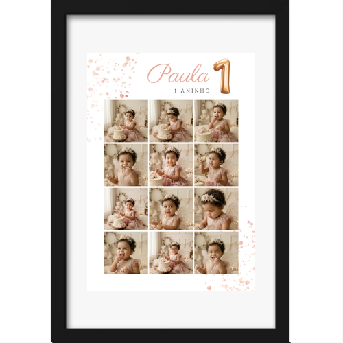 Quadro com estampa frontal de colagem de fotos de criança em momentos diversos, acompanhada do nome "Paula" e a escrita "1 aninho" ao lado do número 1.