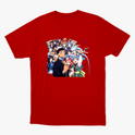 Camiseta com estampa frontal de diversos personagens de anime alinhados, exibindo expressões variadas, alguns com adereços únicos e poses dinâmicas.