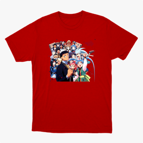 Camiseta com estampa frontal de diversos personagens de anime alinhados, exibindo expressões variadas, alguns com adereços únicos e poses dinâmicas.