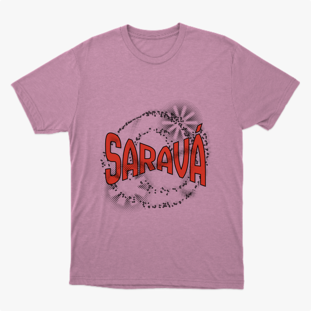 Camiseta com estampa frontal de texto em estilo pop art, com a palavra "Saravá" em destaque, rodeada por padrões circulares e efeitos pontilhados.