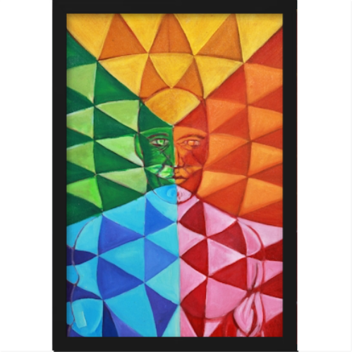 Quadro com estampa frontal de figura humana centralizada formada por blocos geométricos triangulares em um padrão caleidoscópico azul, verde, amarelo e vermelho.