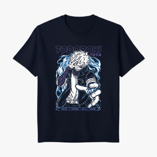 Camiseta com estampa frontal de personagem segurando a cabeça, rodeado por chamas estilizadas, com detalhes de jaqueta e texto "Todoroki Toya".