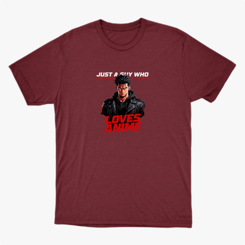 Camiseta com estampa frontal de personagem masculino estilizado usando jaqueta e texto "Just A Guy Who Loves Anime" em destaque.