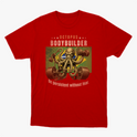 Camiseta com estampa frontal de polvo musculoso levantando pesos, rodeado por estrelas e letras, complementado por uma mensagem motivacional em inglês.
