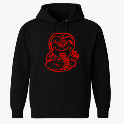 Moletom com estampa frontal de cobra estilizada em pose de ataque e texto envolvente, e estampa traseira com texto em letras estilizadas e impactantes.