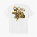 Camiseta com estampa frontal de caveira com capacete e óculos em triângulo e estampa traseira de caveira tática detalhada, texto "Ghostlens Tactical".