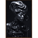 Quadro com estampa frontal de esculturas intrincadas, destacando um rosto feminino futurista com elementos decorativos abstratos e detalhados.
