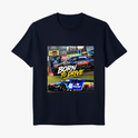 Camiseta com estampa frontal de montagens automotivas, incluindo um carro de corrida, um piloto ao lado e as palavras "Born to Drive" em destaque.
