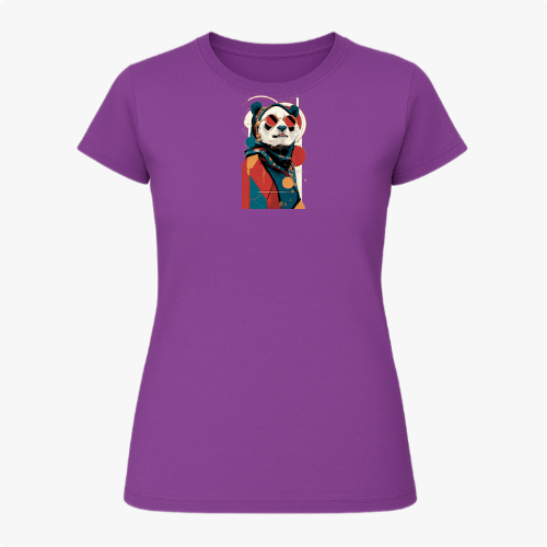 Camiseta com estampa frontal de panda estilizado, vestindo roupa clássica e chapéu, sobre fundo geométrico abstrato contrastante.