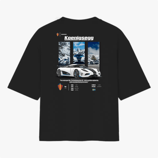 Camiseta com estampa frontal de carro esportivo sob montanhas nevadas, logo e informações técnicas da marca em destaque.