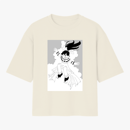 Camiseta com estampa frontal de personagem sorridente em pose flutuante, com cabelo esvoaçante, envolvendo-se em nuvens de estilo gráfico detalhado.