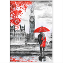 Quadro com estampa de casal com guarda-chuva vermelho em frente ao Big Ben, sobre uma paisagem urbana com folhas caindo ao fundo.