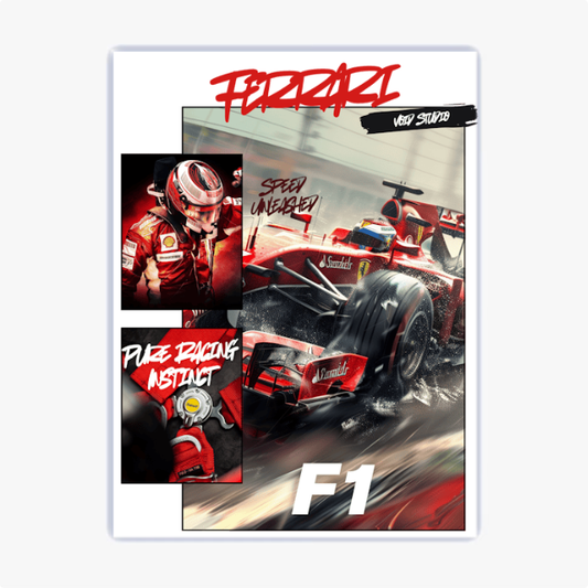 Quadro com estampa frontal de carro de corrida em movimento, piloto com capacete, engrenagem, e palavras "SPEED UNLEASHED", "PURE RACING INSTINCT", "F1".