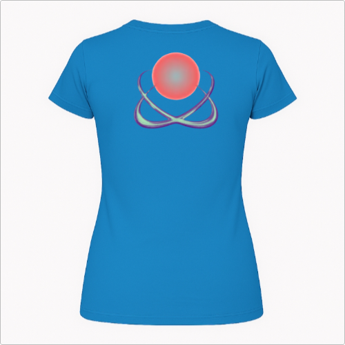 Camiseta com estampa frontal de logo estilizado com elemento circular e detalhes pontiagudos e estampa traseira de esfera central e orbitais entrelaçados.