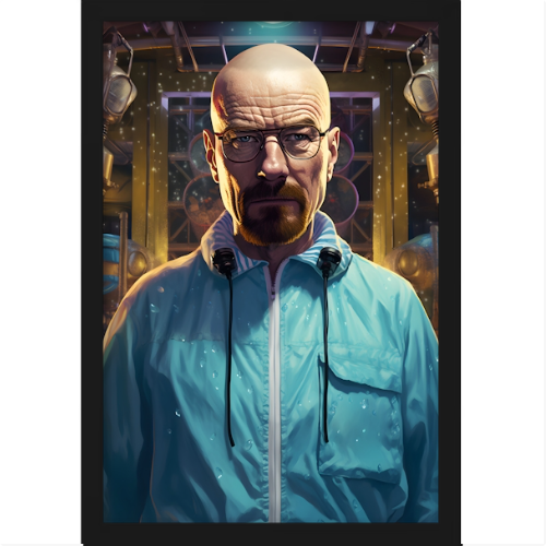 ```Quadro com estampa frontal de personagem careca com óculos, expressão séria, em ambiente industrial com equipamentos e detalhes circulares ao fundo.```