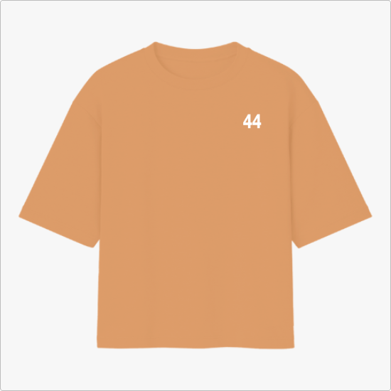 Camiseta com estampa frontal de número '44' no lado esquerdo superior e estampa traseira de pessoa segurando bandeira brasileira e textos em destaque.