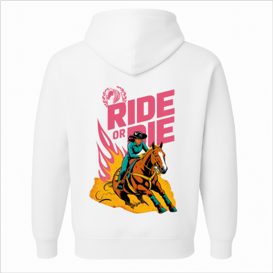 Moletom com estampa frontal de cavalo dentro de folhas e estampa traseira de cavaleiro em ação com cavalo, chamas laranja e texto "RIDE OR DIE".