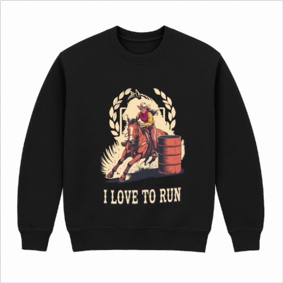 Moletom com estampa frontal de cavaleiro em cavalo contornando barril, rodeado por folhas e a frase "I Love to Run" em destaque.