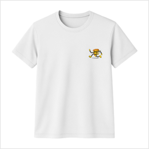 Camiseta com estampa frontal de uma fatia de pizza sorridente com tênis e chapéu, e estampa traseira idêntica com a frase "ANTI RUNNING RUNNING CLUB".
