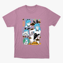 Camiseta com estampa frontal de personagem em estilo quadrinhos, mostrando várias expressões e poses, com elementos gráficos ao redor.