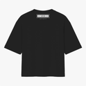 Camiseta com estampa traseira de retângulo contendo símbolos circulares nos cantos, a palavra "VOID" no centro, e abaixo "INFINITY" em fonte discreta.