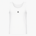 Camiseta regata com estampa frontal de um símbolo estilizado central contendo letras organizadas em um formato simétrico e abstrato distinguível.