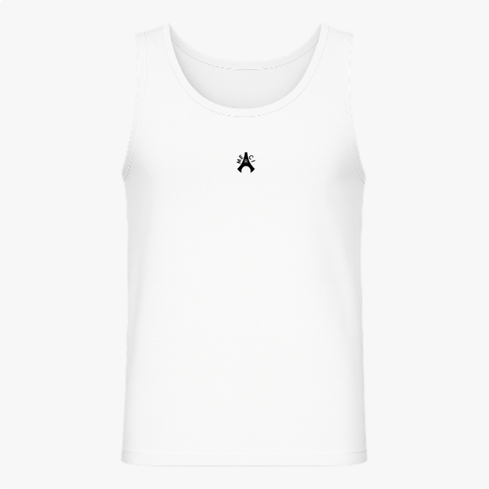 Camiseta regata com estampa frontal de um símbolo estilizado central contendo letras organizadas em um formato simétrico e abstrato distinguível.