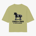 Camiseta com estampa frontal de cavalo de Tróia com símbolo masculino e texto "CAVALO DE TRÓIA DA MASCULINIDADE" e estampa traseira de logotipo circular.