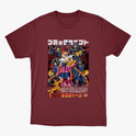 Camiseta com estampa frontal de um grupo de personagens em pose destemida, cercados por figuras sombrias e texto em estilo japonês na parte superior e inferior.