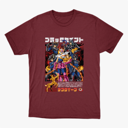 Camiseta com estampa frontal de um grupo de personagens em pose destemida, cercados por figuras sombrias e texto em estilo japonês na parte superior e inferior.