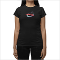Camiseta com estampa frontal de texto estilizado "Lizzye" acompanhado por um arco colorido e uma estrela brilhante, compondo um visual dinâmico.