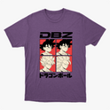 Camiseta com estampa frontal de quatro quadrados ilustrando personagens de cabelo arrepiado, acompanhados pelas letras "DBZ" acima e texto em japonês abaixo.