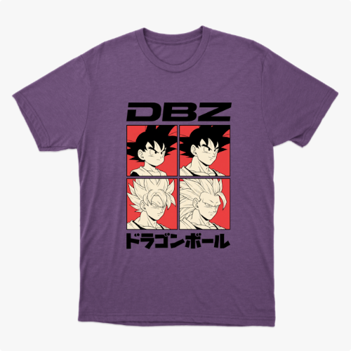 Camiseta com estampa frontal de quatro quadrados ilustrando personagens de cabelo arrepiado, acompanhados pelas letras "DBZ" acima e texto em japonês abaixo.