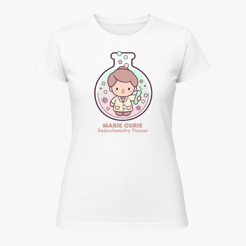 Camiseta com estampa frontal de uma figura estilizada dentro de um balão de laboratório, rodeada por símbolos científicos e a inscrição "Marie Curie Radiochemistry Pioneer".