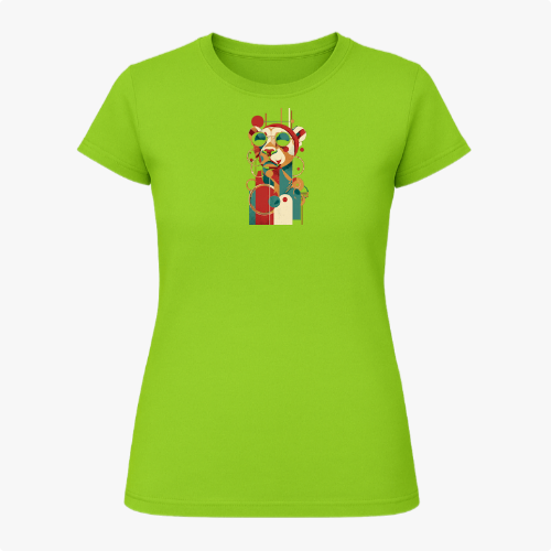 Camiseta com estampa frontal de urso estilizado usando óculos de sol com elementos geométricos e círculos sobrepostos, criando um efeito visual moderno.