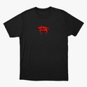 Camiseta com estampa frontal de texto estilizado "No Mercy Club" com efeito de gotejamento e estampa traseira de cobra ameaçadora também com gotejamento.