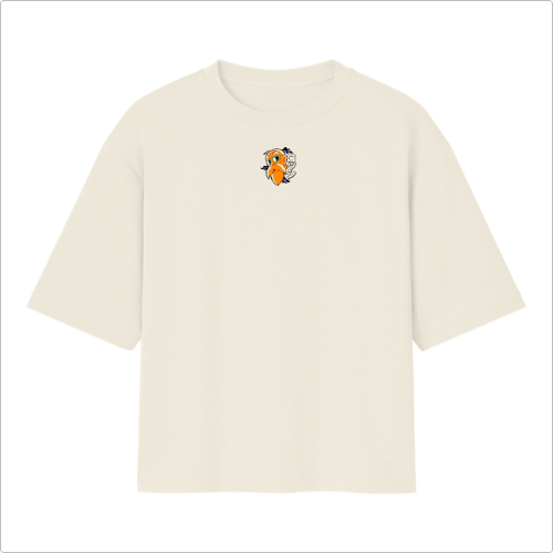 Camiseta com estampa frontal de papagaio estilizado e estampa traseira de personagem idoso de anime sentado em prancha com bastão e cabelo longo.