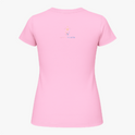 Camiseta com estampa frontal de imagem de Nossa Senhora em moldura colorida com flores e frase "Nossa Senhora, rogai por nós" e estampa traseira de logotipo com cruz e texto.