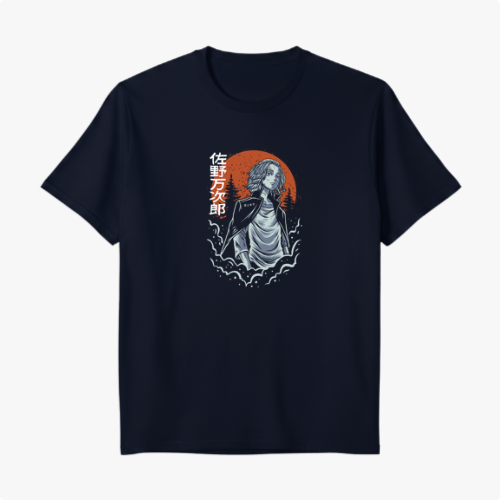 Camiseta com estampa frontal de um samurai retratado sobre um fundo de círculo solar, acompanhado por caracteres japoneses e ondas estilizadas em preto e branco.