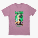 Camiseta com estampa frontal de personagem anime segurando um frasco, envolto em elementos científicos e letras "Dr. Stone" acima e "E=MC²" abaixo.