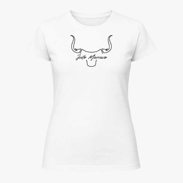 Camiseta com estampa frontal de contorno estilizado de cabeça de touro com chifres curvados, acompanhada por uma inscrição cursiva centralizada.