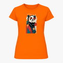 Camiseta com estampa frontal de panda estilizado usando óculos escuros, lenço e traje moderno, inserido em um design geométrico abstrato.