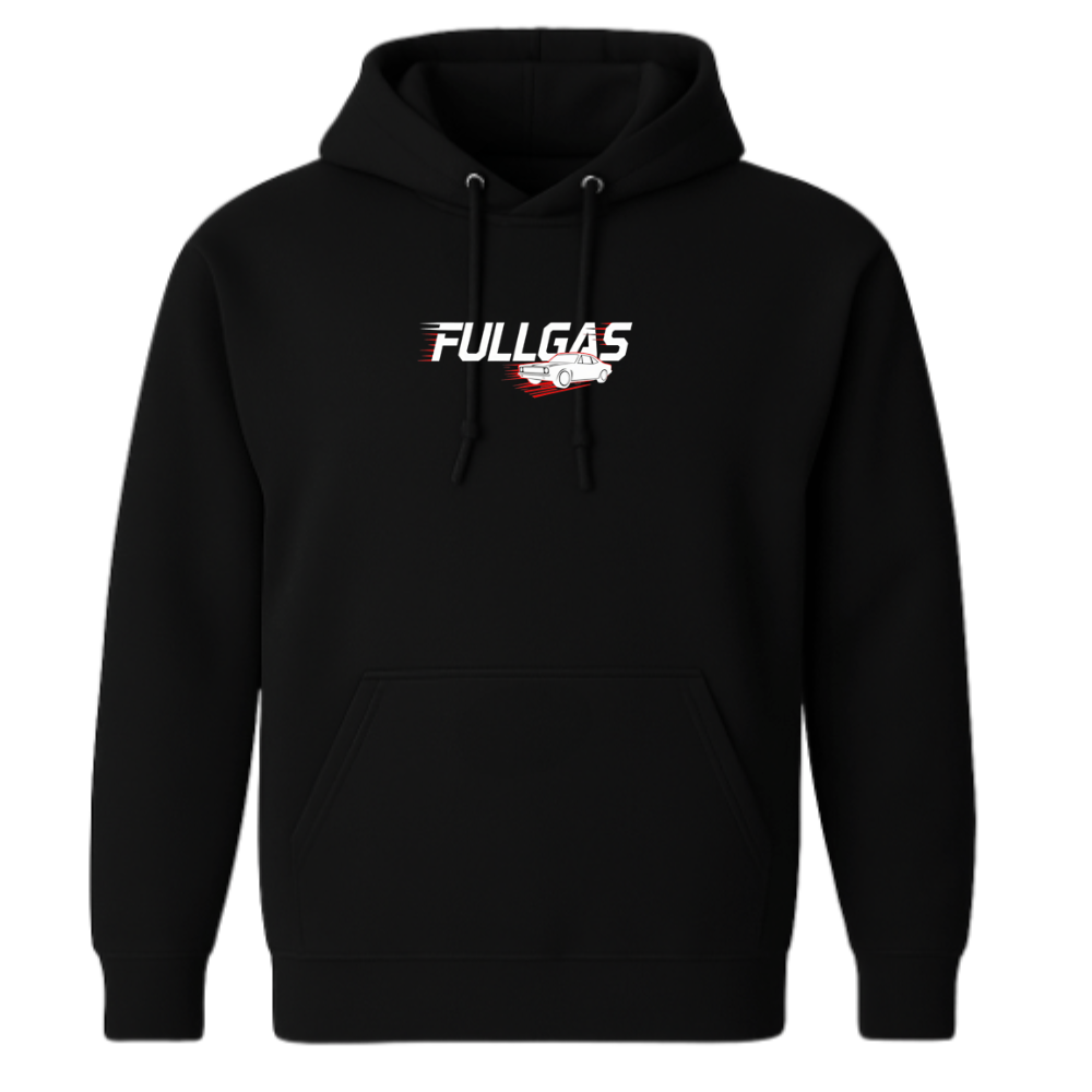 Moletom com estampa frontal de um carro estilizado em movimento, acompanhado pela palavra "FULLGAS" em letras dinâmicas com efeito de velocidade.