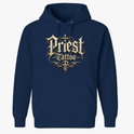 Moletom com estampa frontal de letras góticas ornamentadas formando "Priest Tattoo" e estampa traseira de ilustração detalhada de um buldogue francês correndo.
